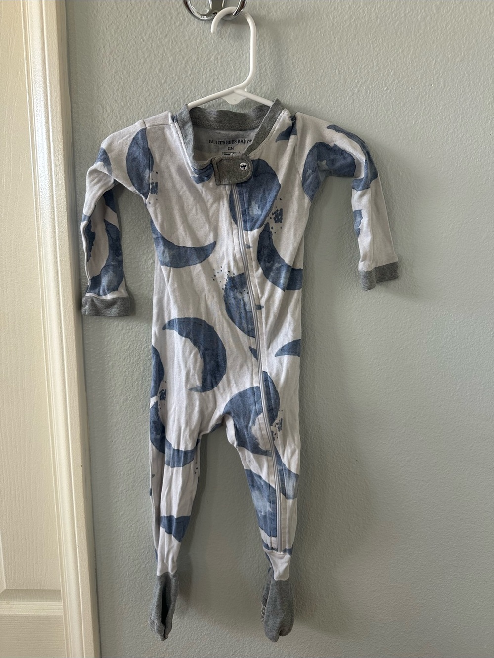 Burt's Bees Baby 12mo White Footed One-Piece with Blue Crescent Moon Print